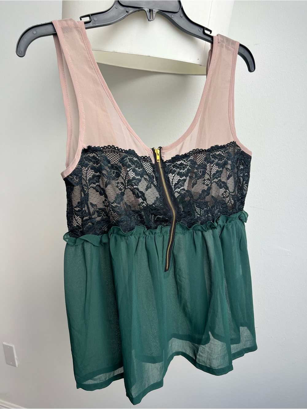 Sheer Green & Blush Lace Babydoll Tank Top
